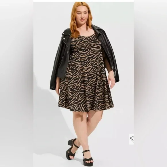 Torrid Womens Black/Brown Striped Mini Challis Skater Dress, Pocket, Plus Size 3 - Picture 8 of 15